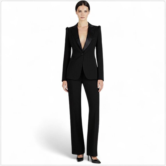 Donna Karan Black Puff Sleeve Jacket Molded Doubleknit Tuxedo Pants Suit NWT 2 - Picture 1 of 12
